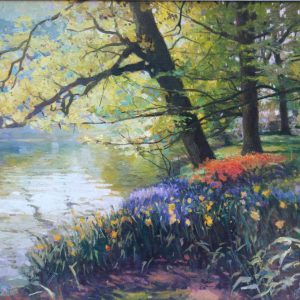 Alcover cuadro oleo paisaje lago flores