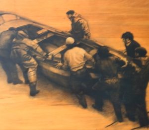 Alcover cuadro carbon madera figurativo pescadores barca