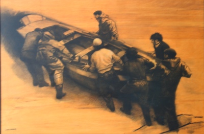 Alcover cuadro carbon madera figurativo pescadores barca