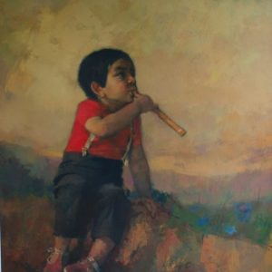 Alcover cuadro oleo figurativo niño flauta