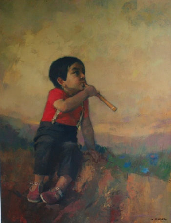 Alcover cuadro oleo figurativo niño flauta