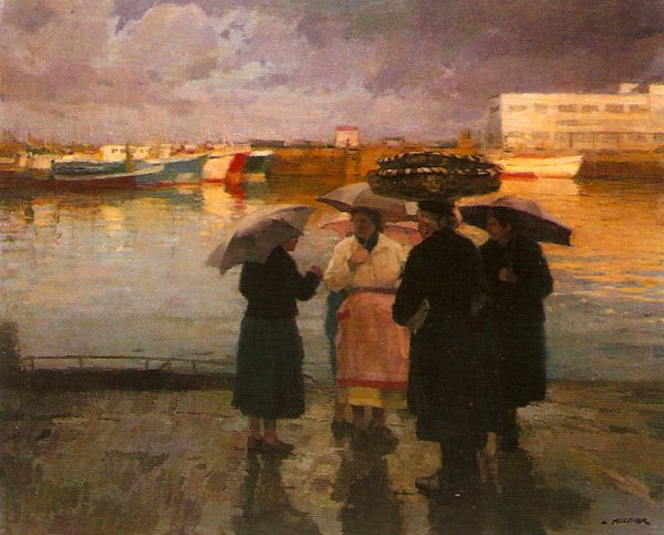 Alcover cuadro oleo figurativo puerto mujeres paraguas